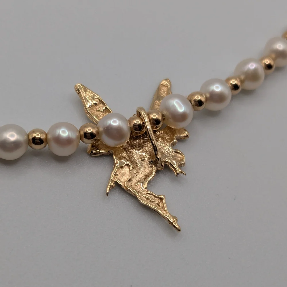 14k Yellow Gold Beaded Pearl Necklace With Fairy Pendant - Picture 7 of 15